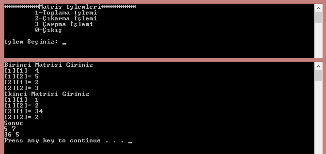 C programlama dilinde matris işlemleri