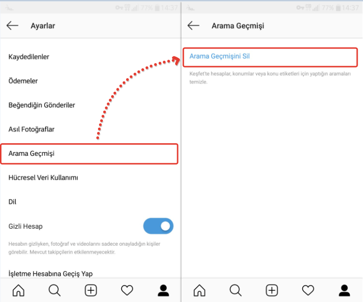 Instagram arama geçmişi temizleme