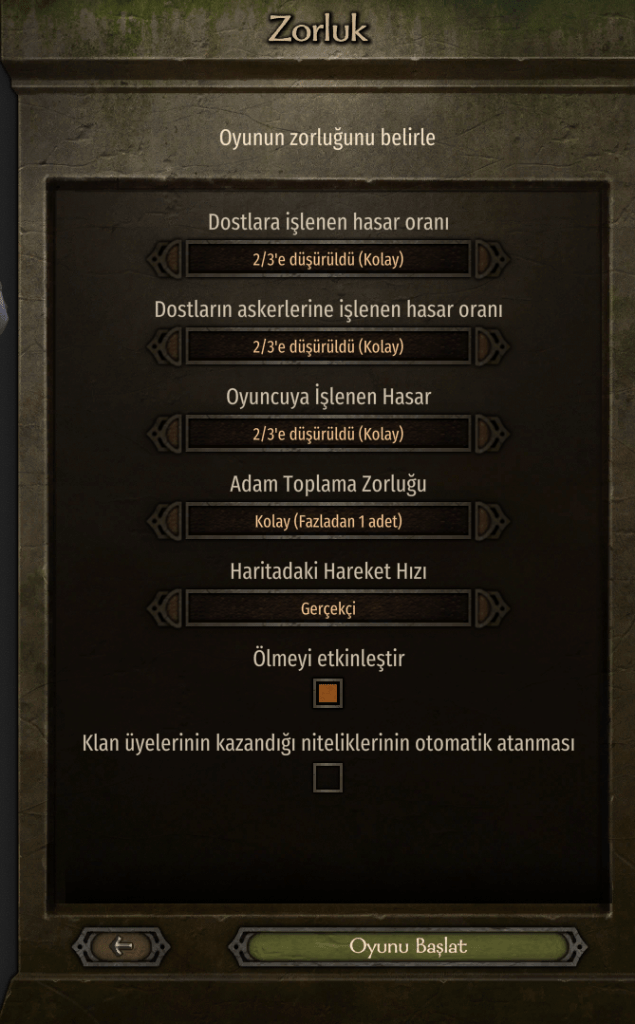 Bannerlord oyun zorluk seviyeleri